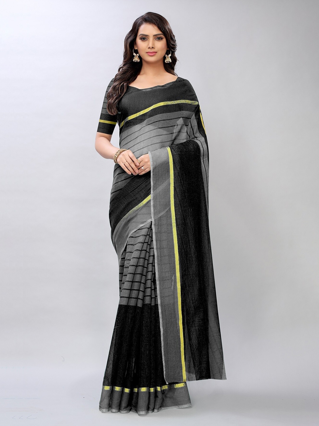

APNISHA Black & Grey Striped Pure Cotton Saree