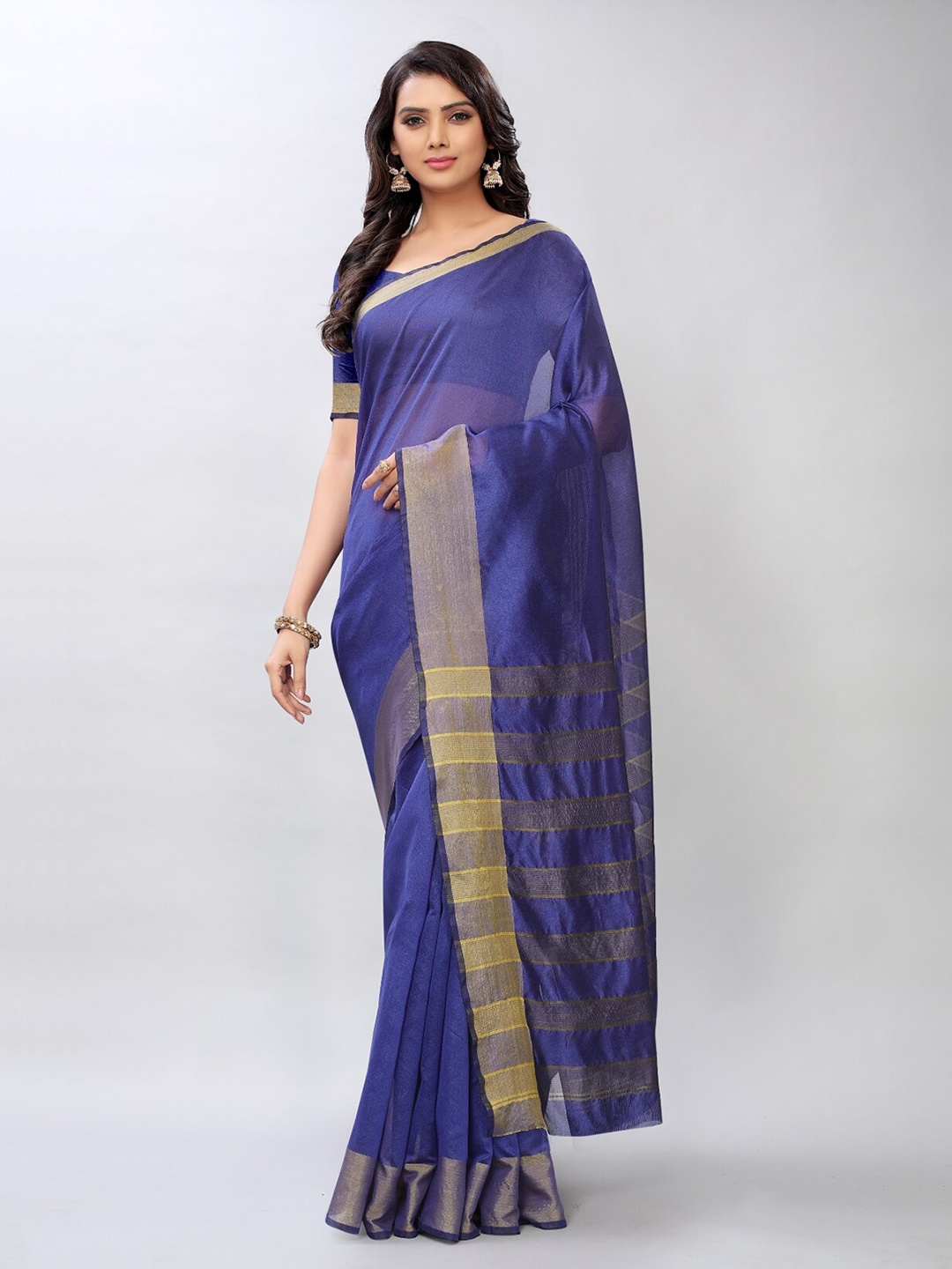 

APNISHA Blue & Gold-Toned Zari Pure Cotton Saree