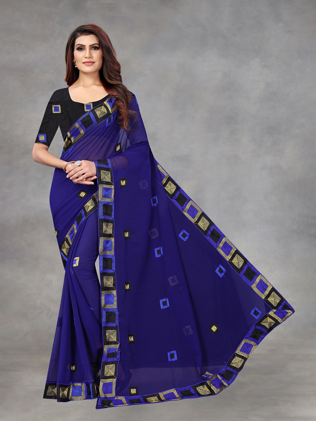 

APNISHA Blue & Gold-Toned Embroidered Pure Chiffon Saree