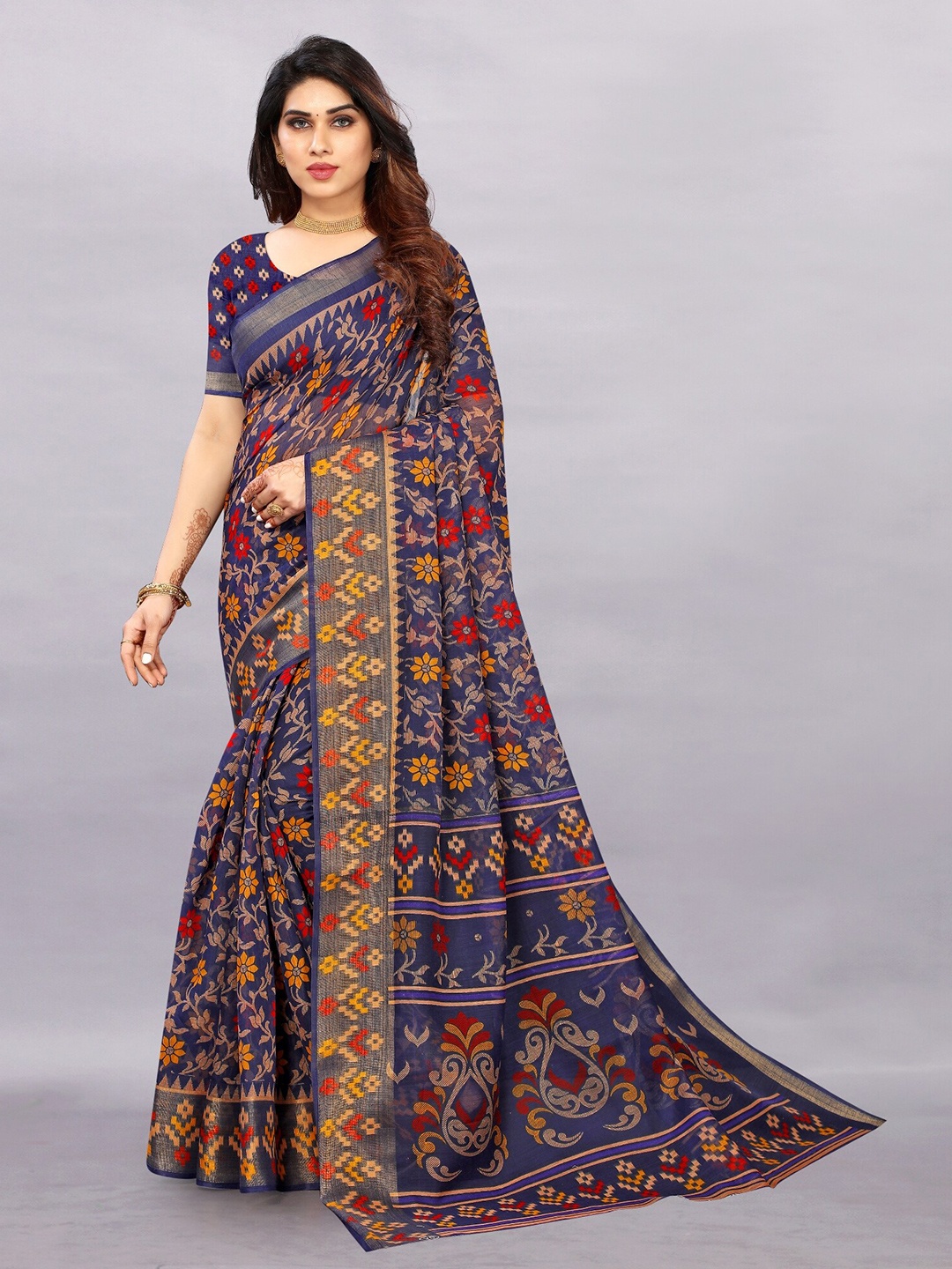 

APNISHA Navy Blue & Yellow Floral Pure Cotton Saree