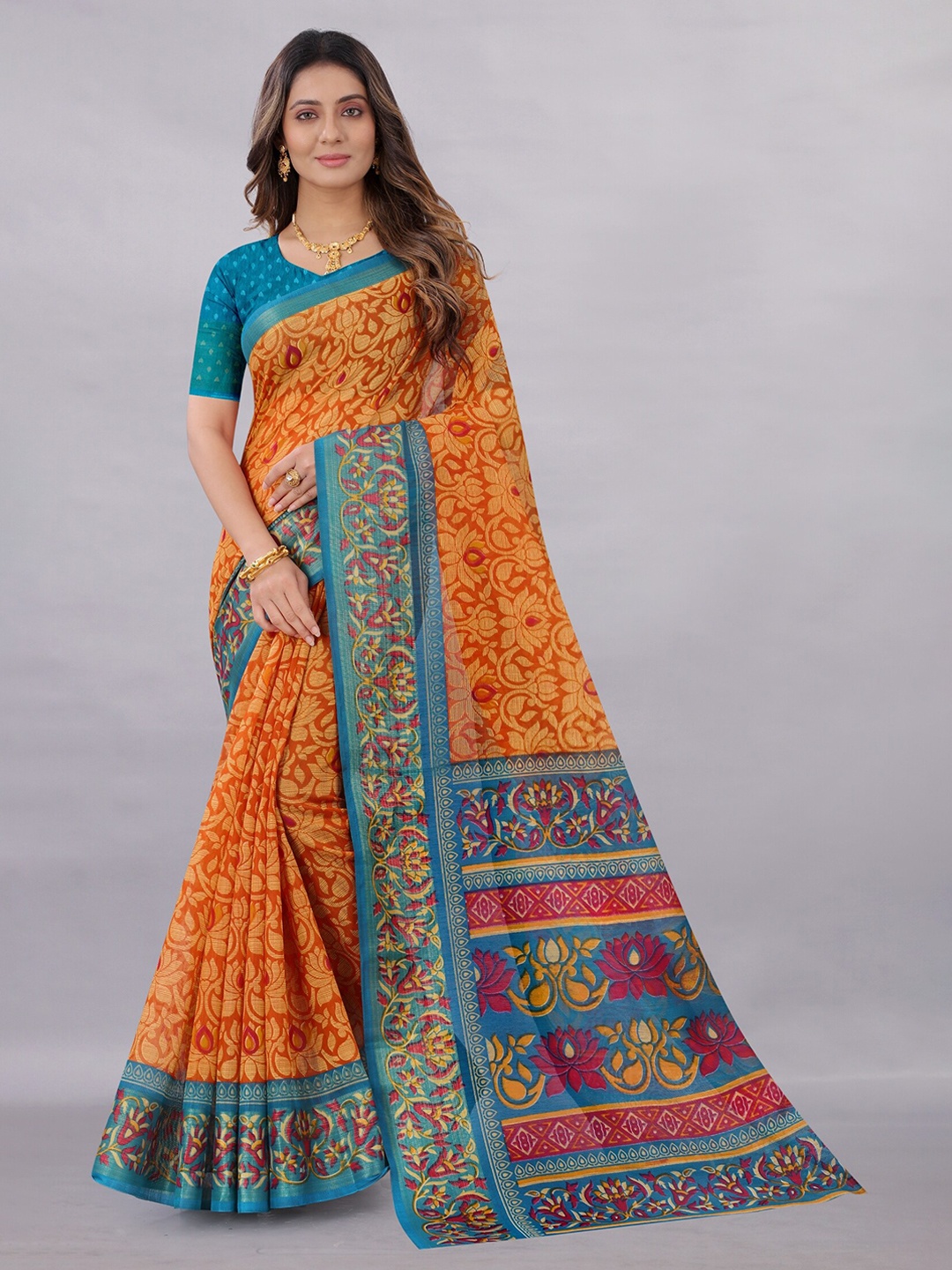 

APNISHA Orange & Blue Floral Pure Cotton Saree