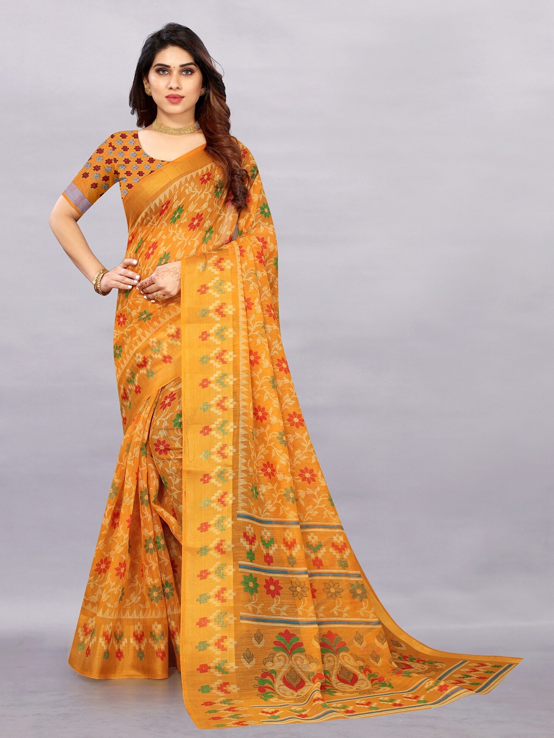 

APNISHA Yellow & Red Floral Pure Cotton Saree