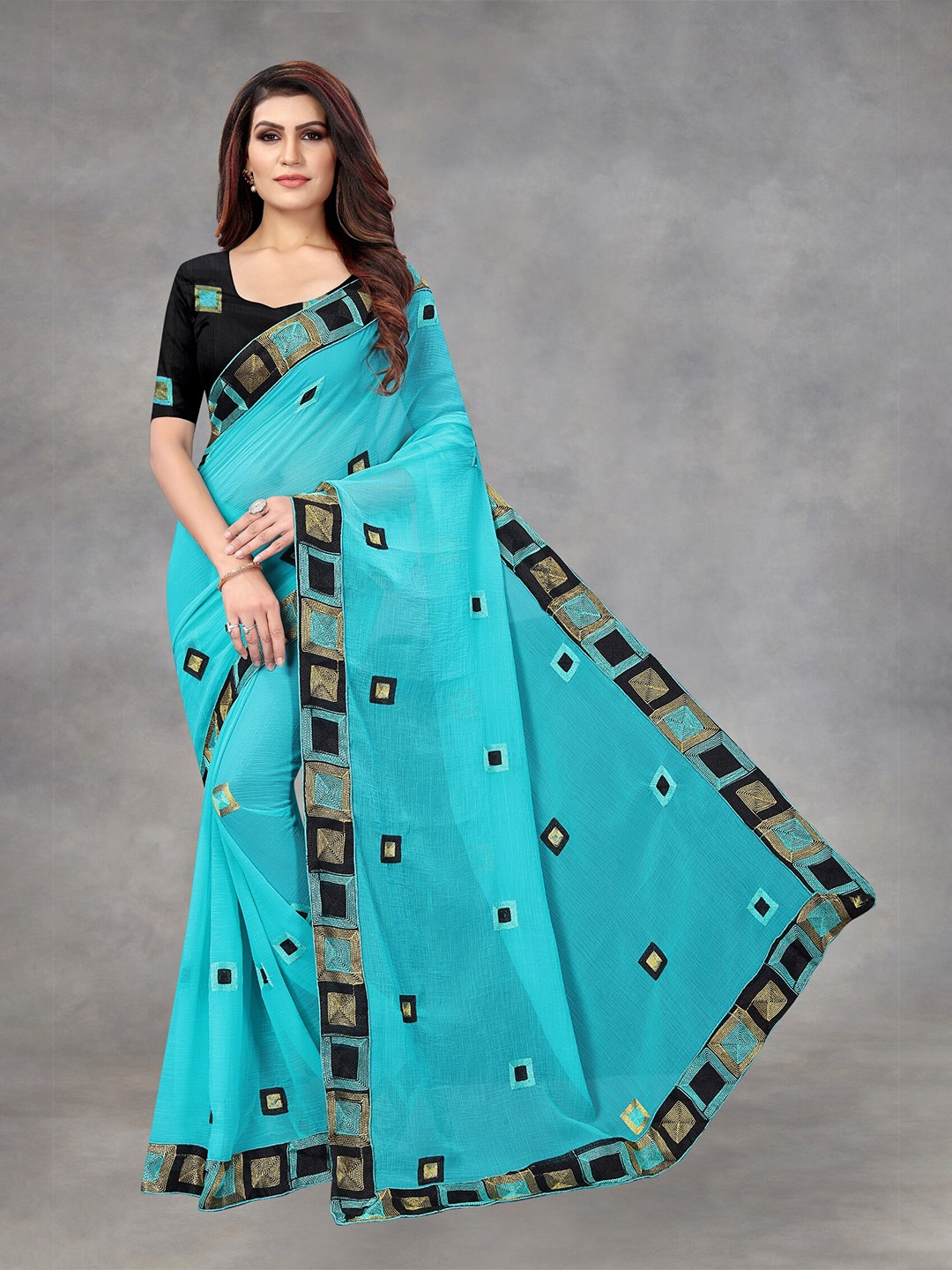 

APNISHA Blue & Black Embroidered Pure Chiffon Saree