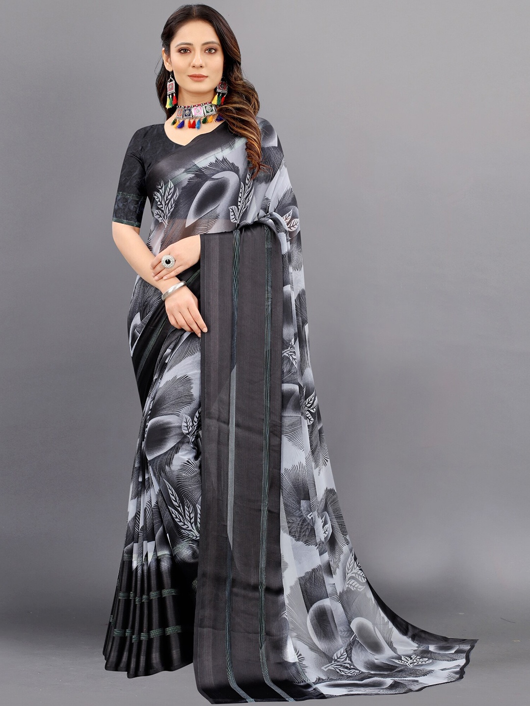 

APNISHA Black & Grey Pure Georgette Saree