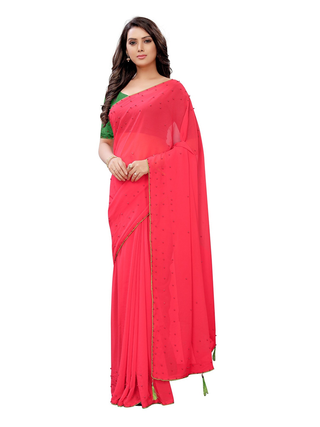 

APNISHA Peach-Coloured & Green Beads and Stones Pure Georgette Saree
