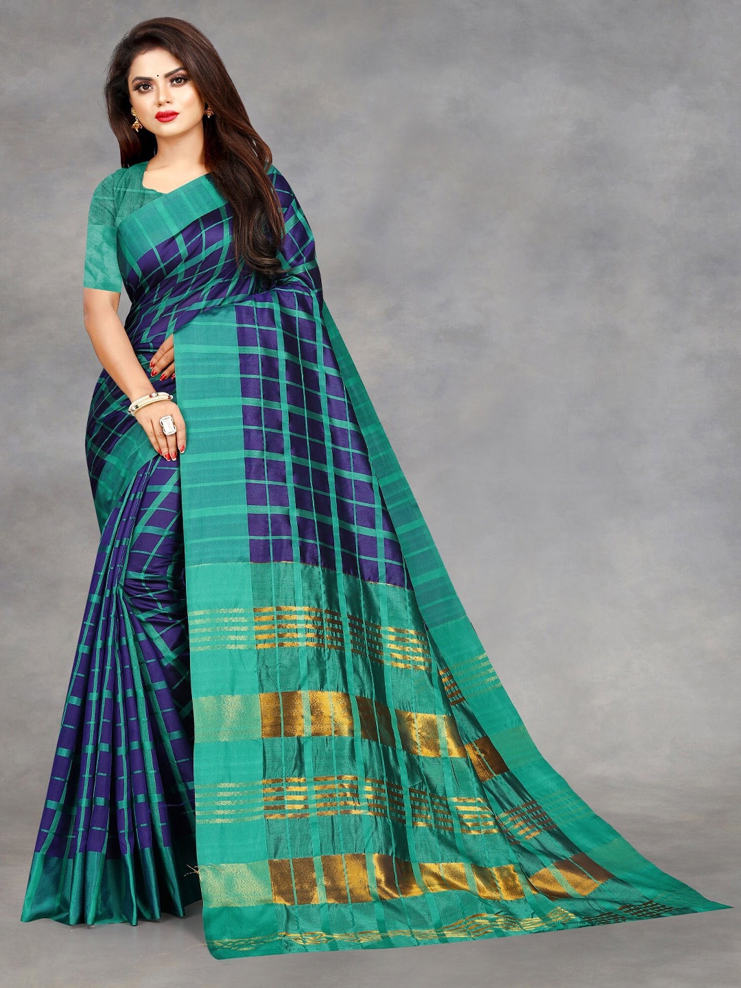 

APNISHA Teal & Navy Blue Checked Pure Cotton Saree