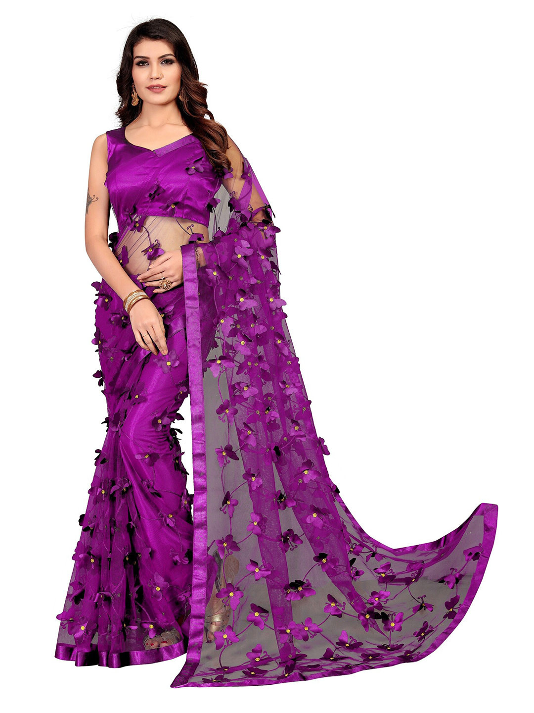 

APNISHA Purple Floral Embroidered Net Saree