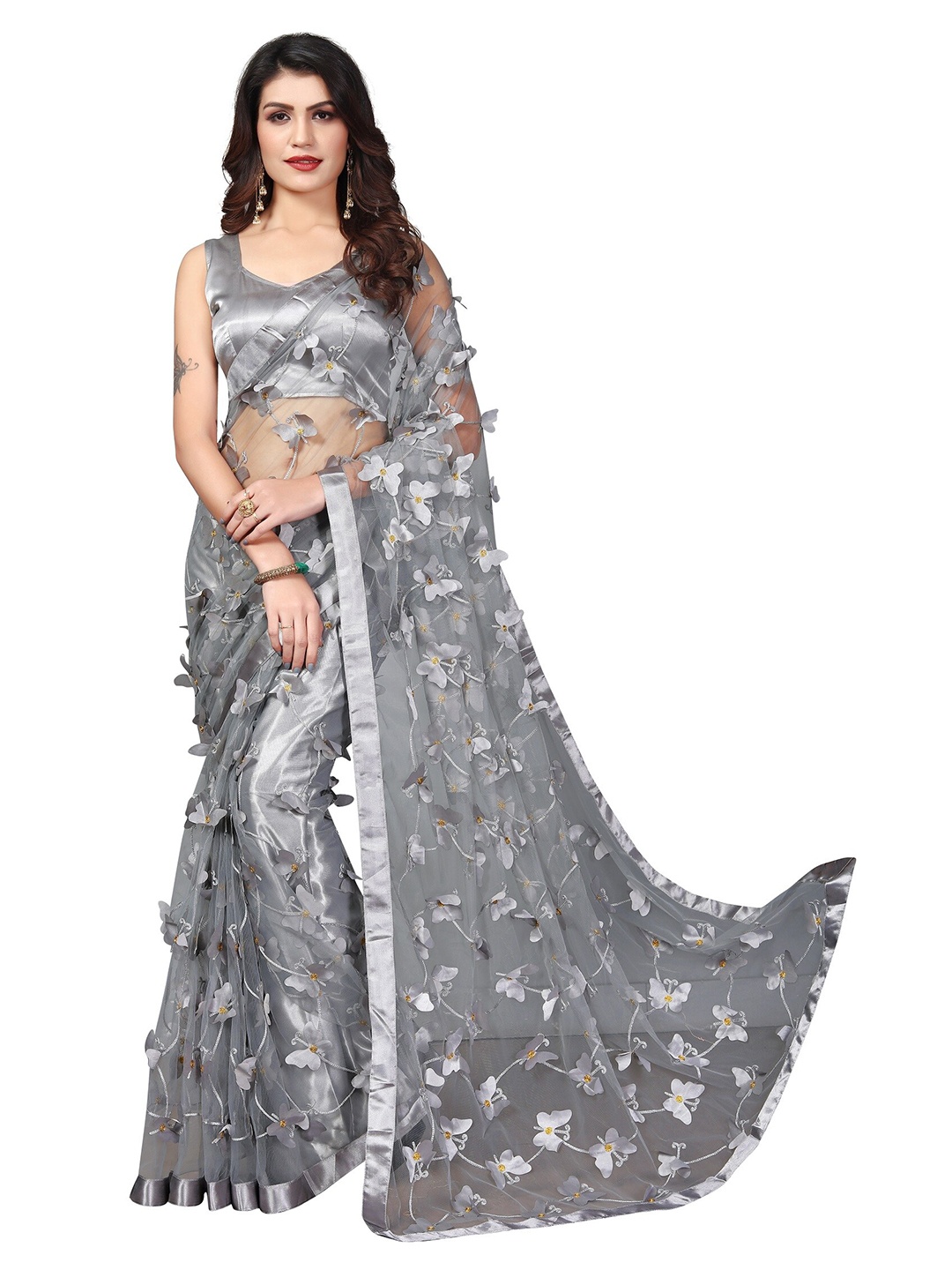 

APNISHA Grey Embroidered Net Saree