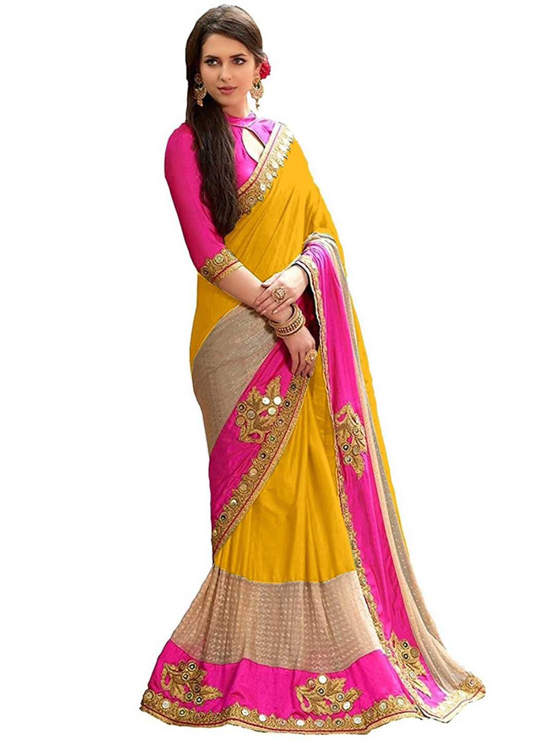 

APNISHA Mustard & Pink Floral Pure Silk Heavy Work Saree