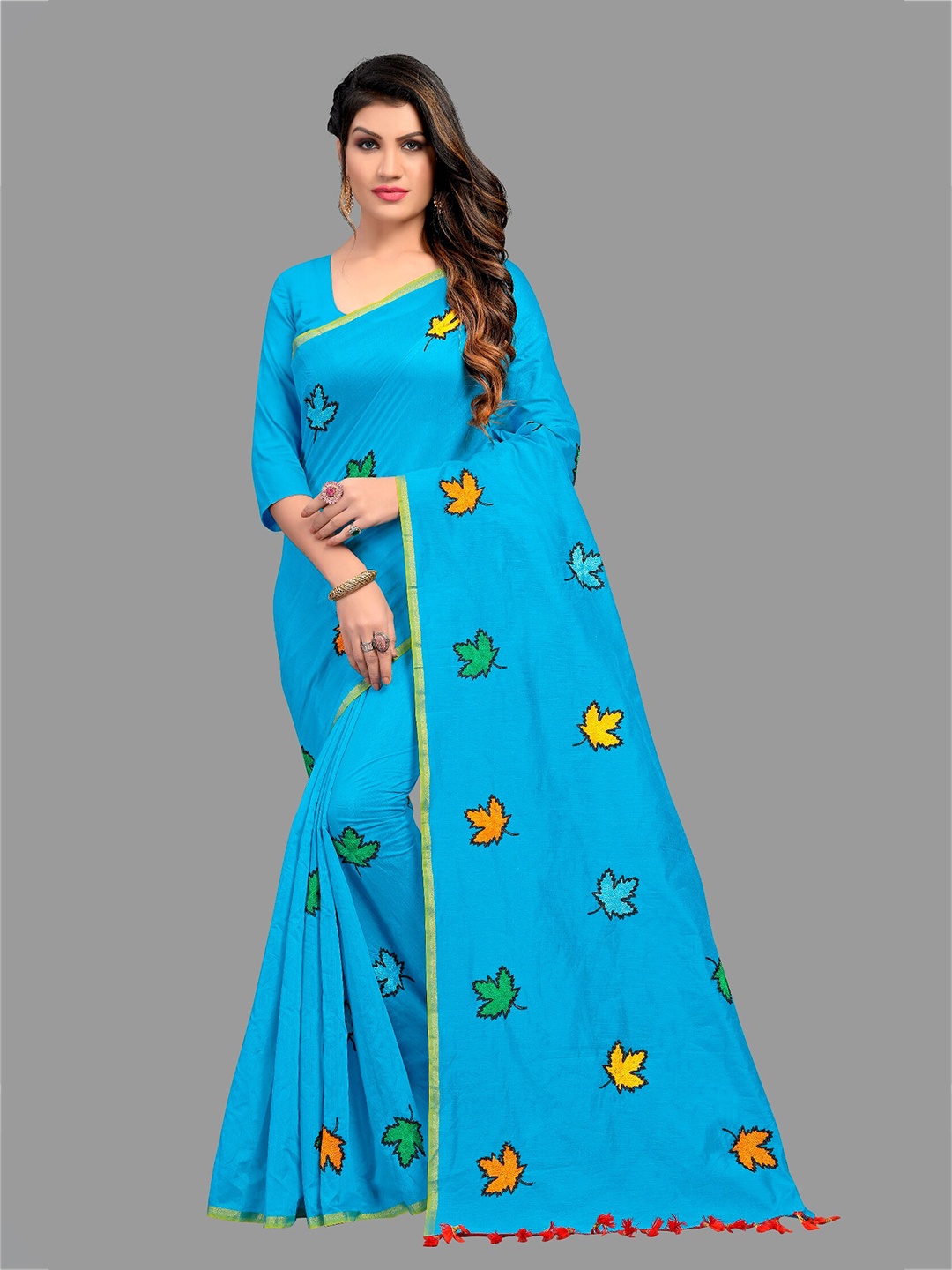 

APNISHA Blue & Yellow Embellished Pure Cotton Saree