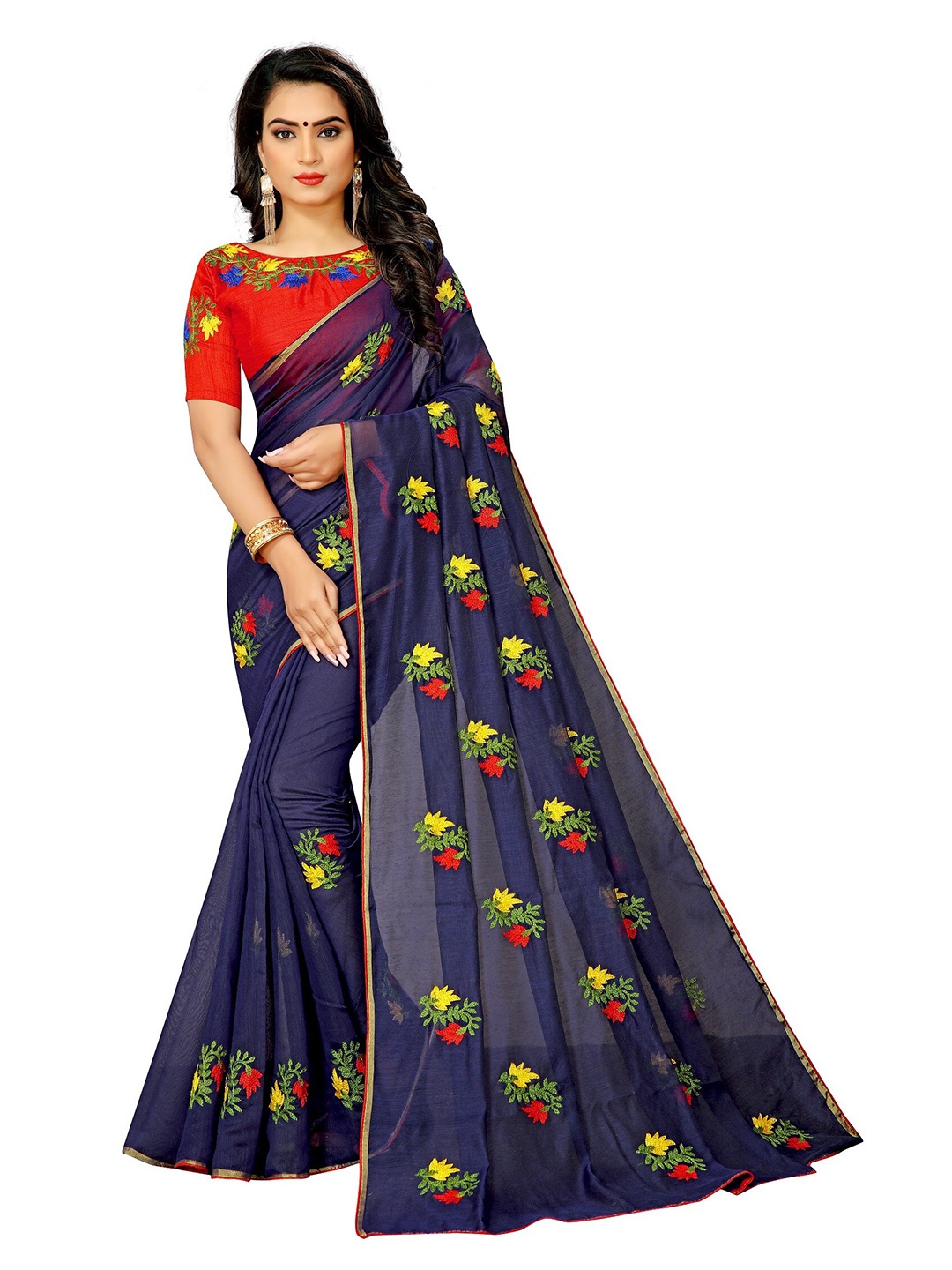 

APNISHA Blue & Green Floral Embroidered Pure Cotton Saree