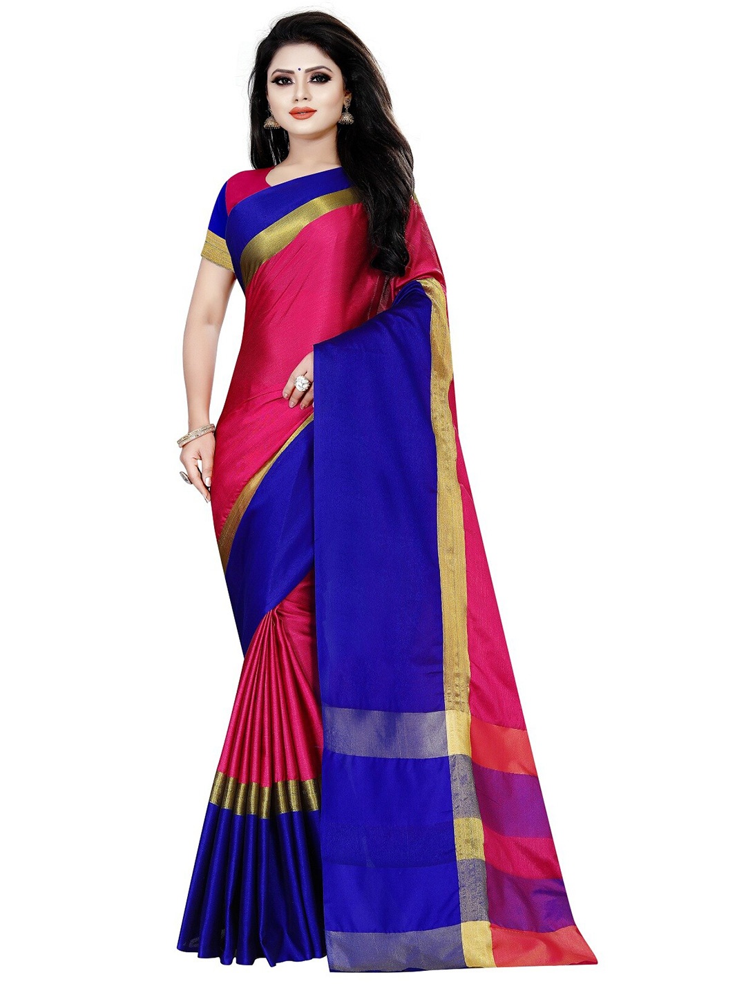 

APNISHA Pink & Navy Blue Zari Pure Cotton Saree
