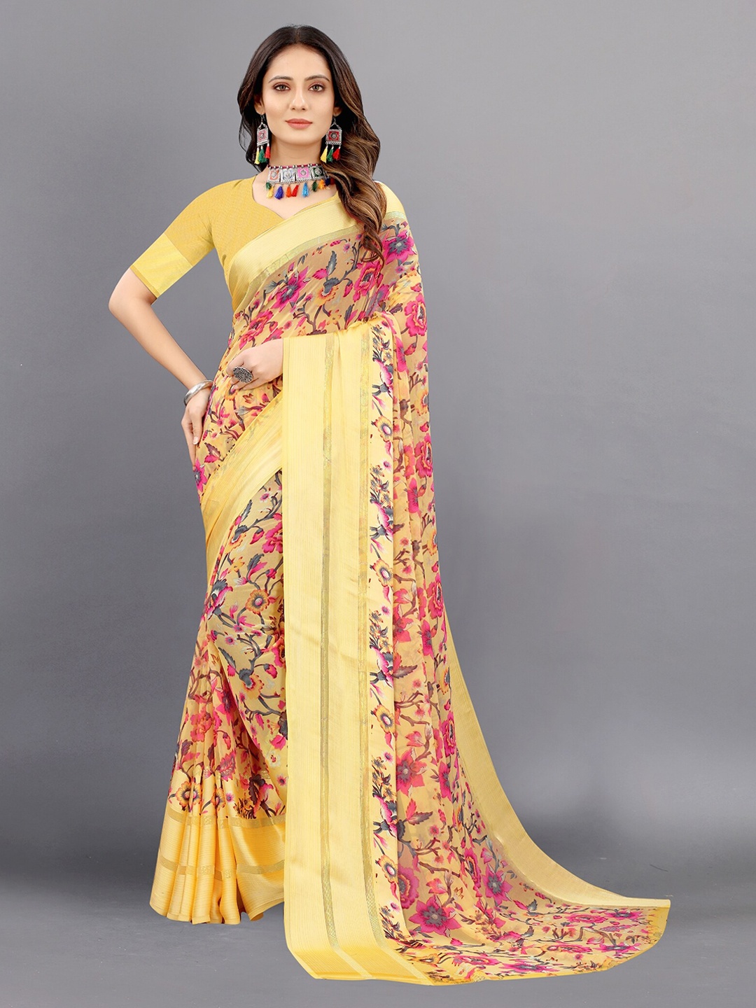 

APNISHA Yellow & Pink Floral Pure Georgette Saree