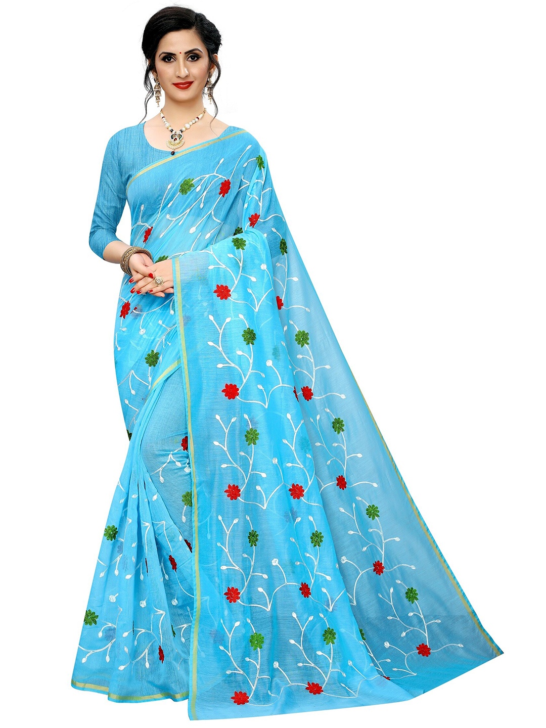 

APNISHA Blue & Red Floral Pure Cotton Saree