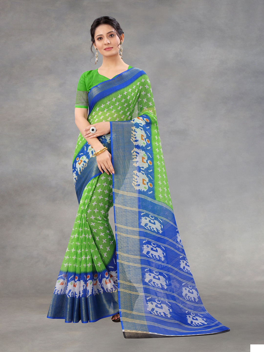 

APNISHA Green & Blue Zari Pure Cotton Saree