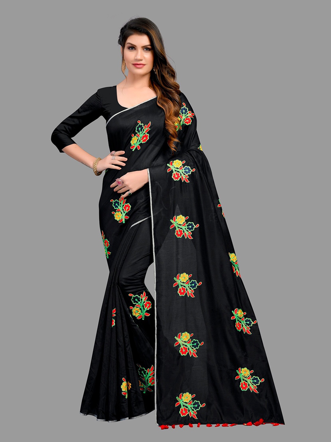 

APNISHA Black & Red Floral Embroidered Pure Cotton Saree