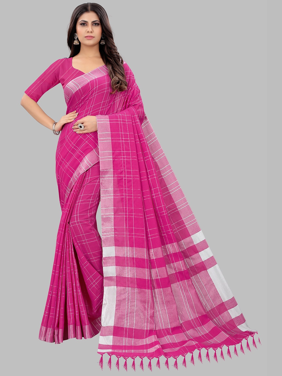 

APNISHA Pink & Silver-Toned Zari Saree