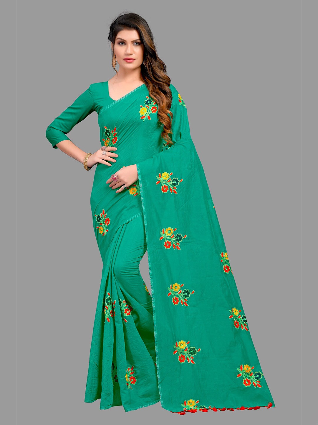 

APNISHA Teal & Yellow Floral Pure Cotton Saree