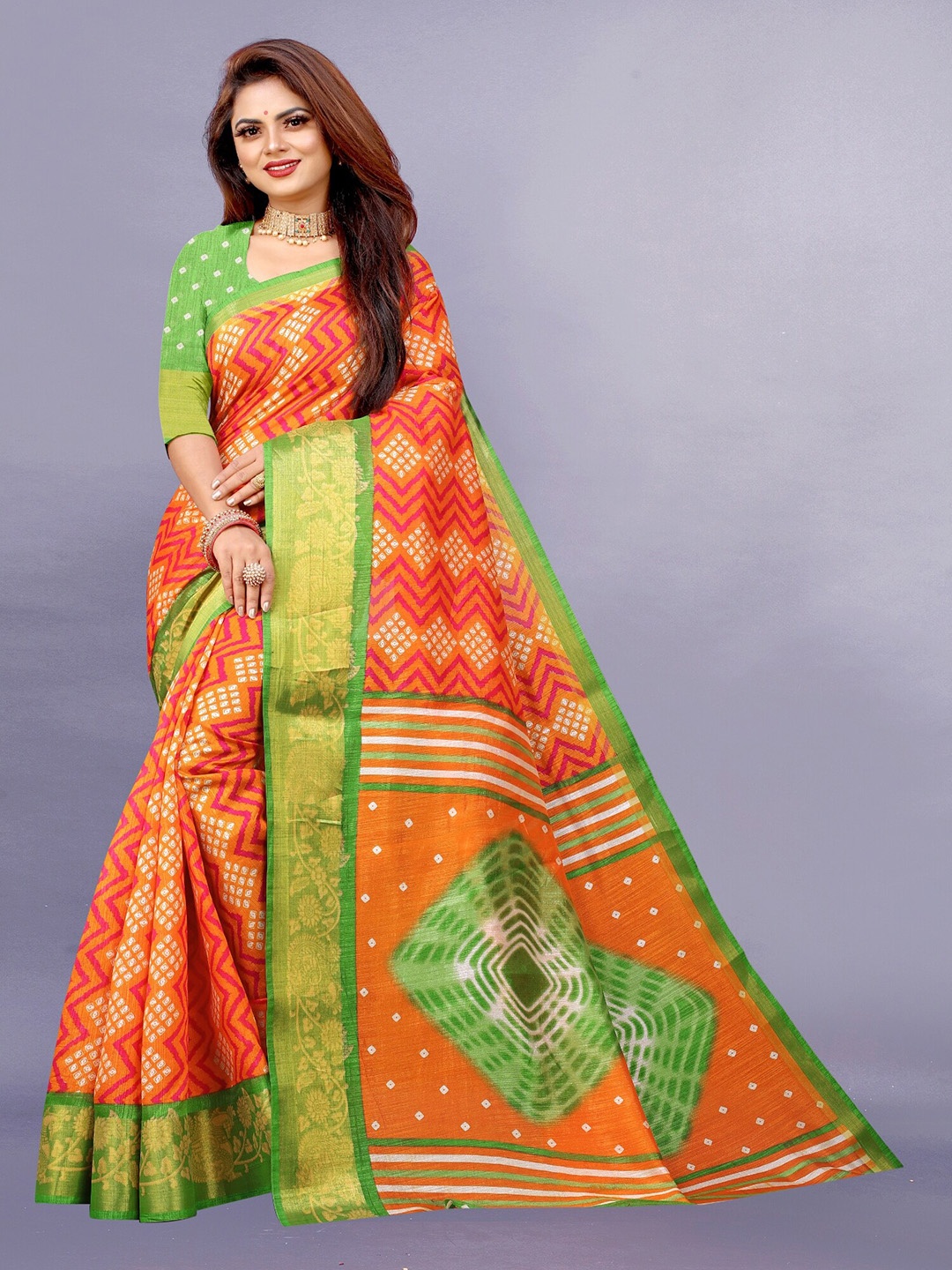 

APNISHA Orange & Green Bandhani Zari Pure Cotton Saree