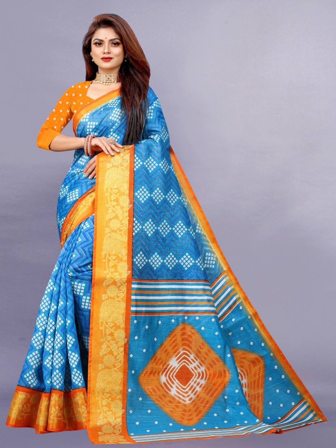 

APNISHA Blue & Orange Pure Cotton Saree