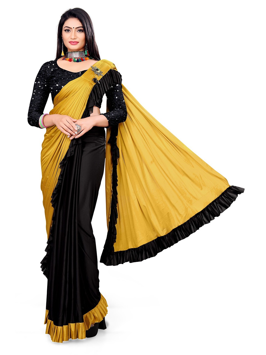 

APNISHA Yellow & Black Sequinned Saree