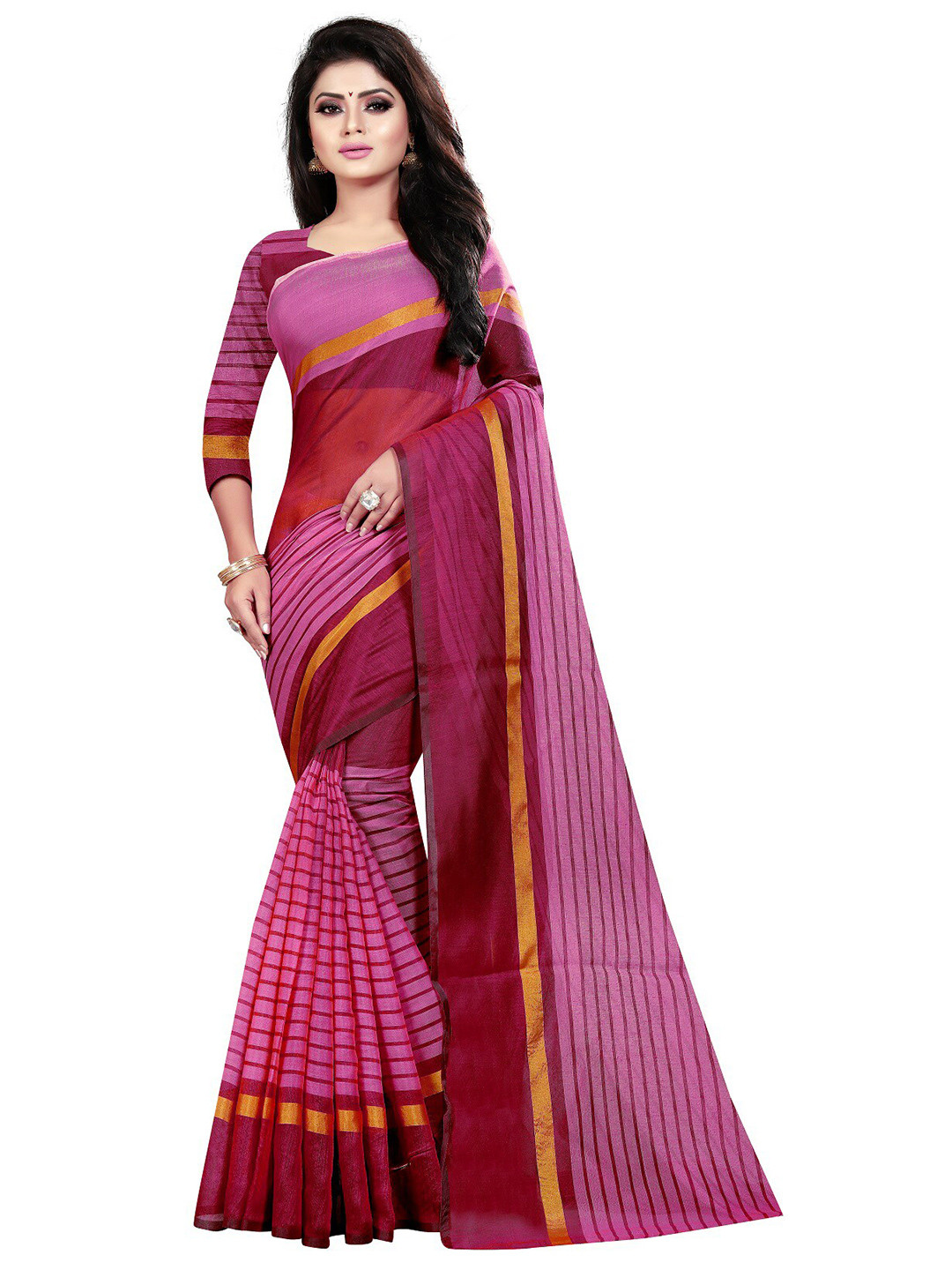 

APNISHA Pink & Gold-Toned Striped Pure Cotton Saree