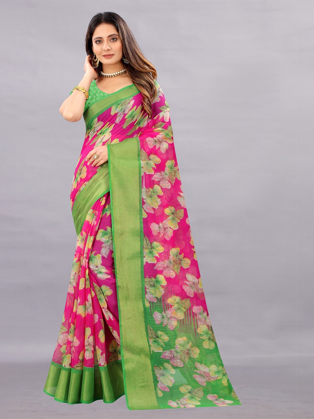 

APNISHA Pink & Green Floral Zari Pure Cotton Saree