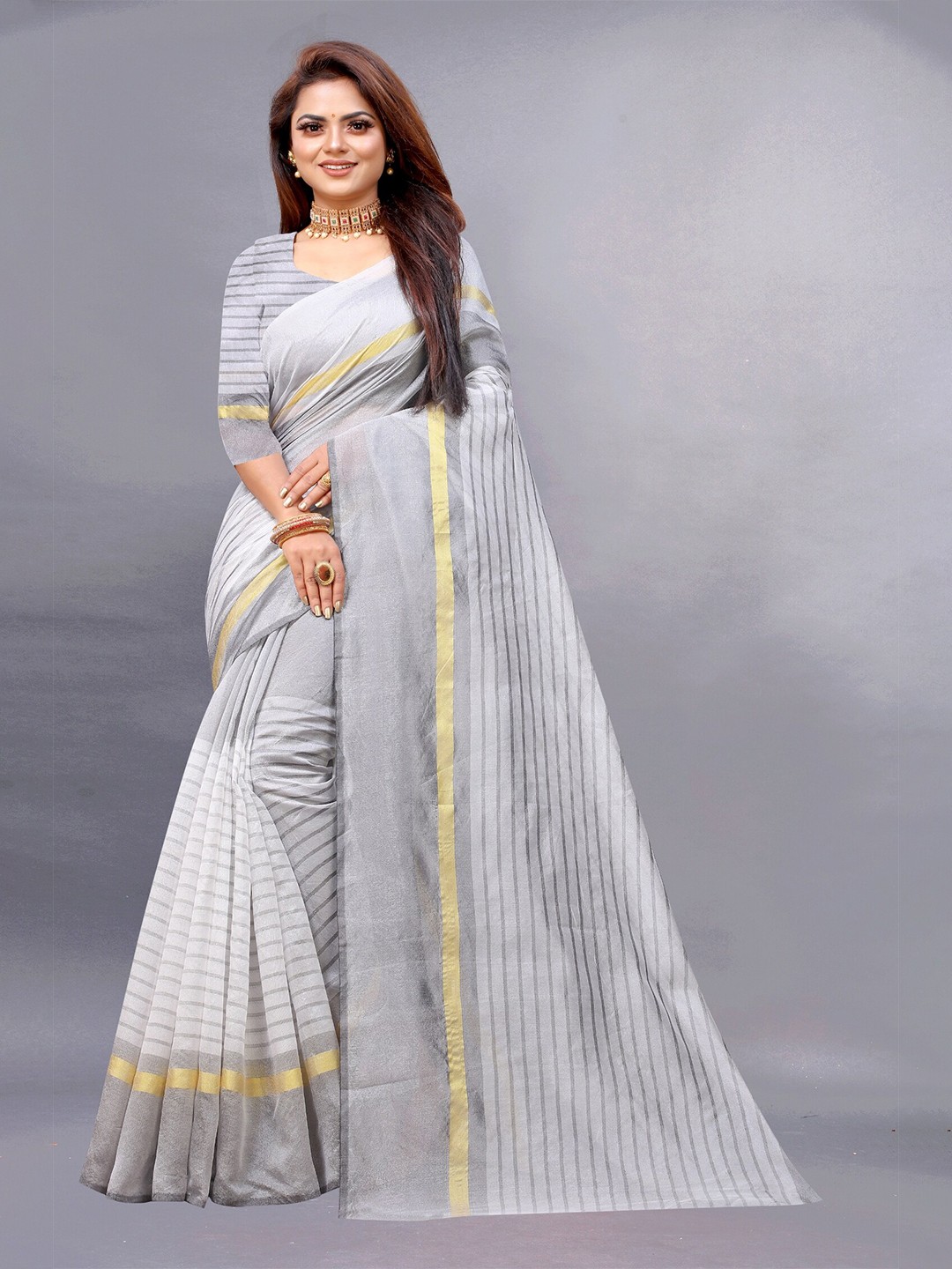 

APNISHA White & Grey Striped Zari Pure Cotton Saree