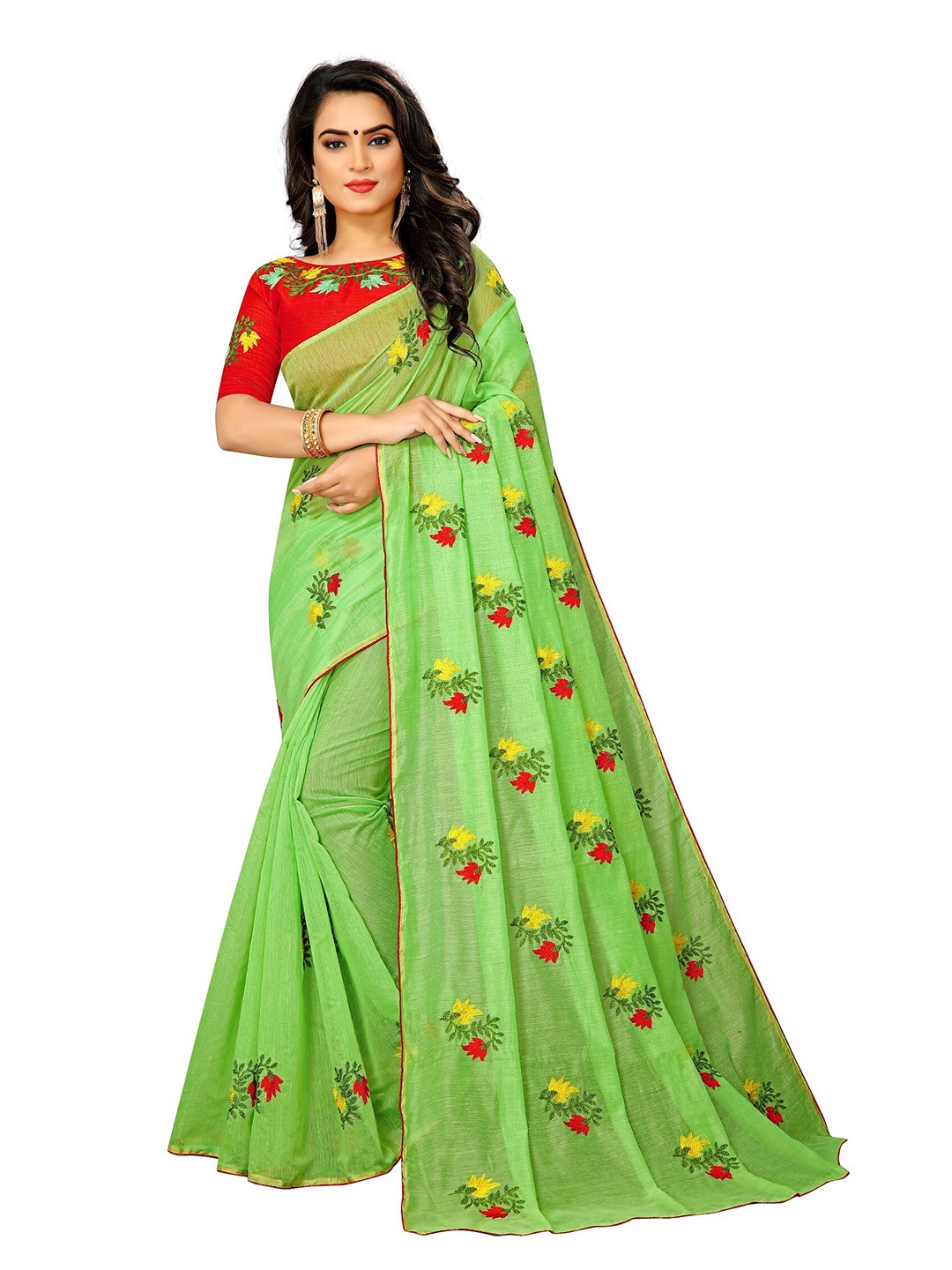 

APNISHA Green & Red Floral Pure Cotton Saree