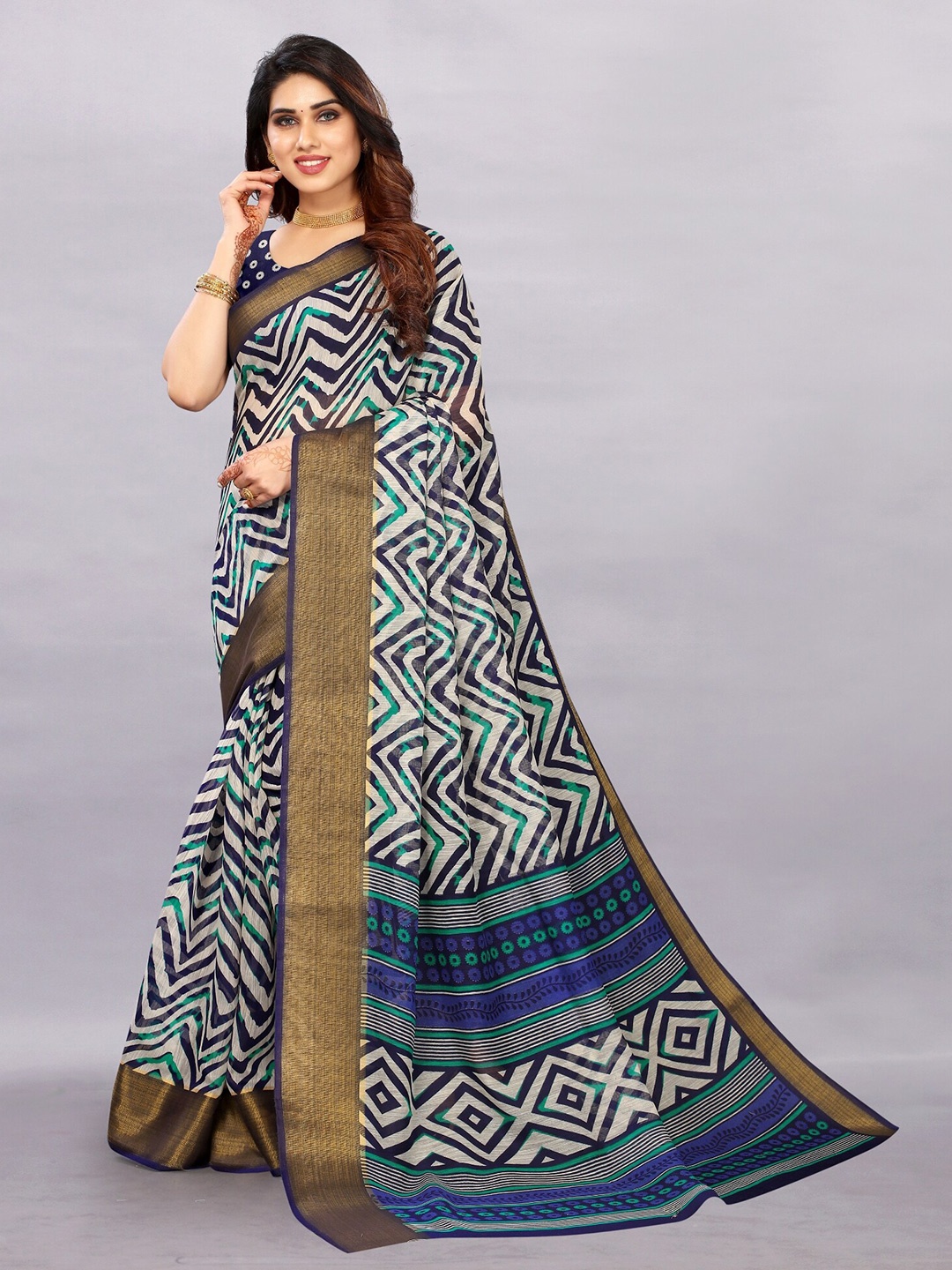

APNISHA Navy Blue & Brown Zari Pure Cotton Saree