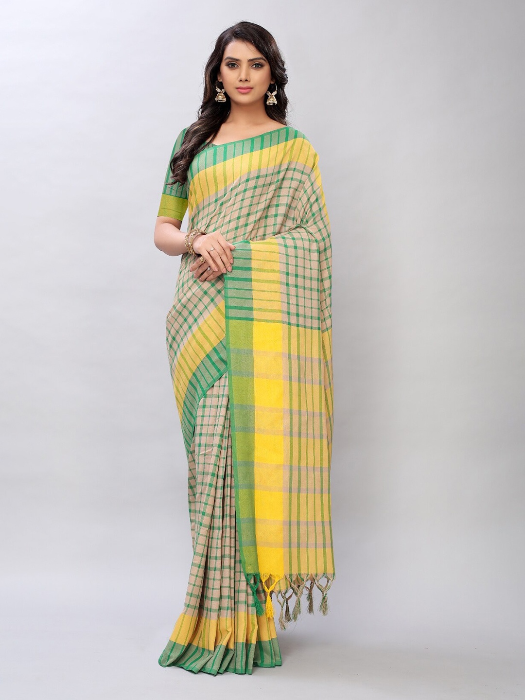 

APNISHA Green & Yellow Colourblocked Zari Pure Cotton Saree