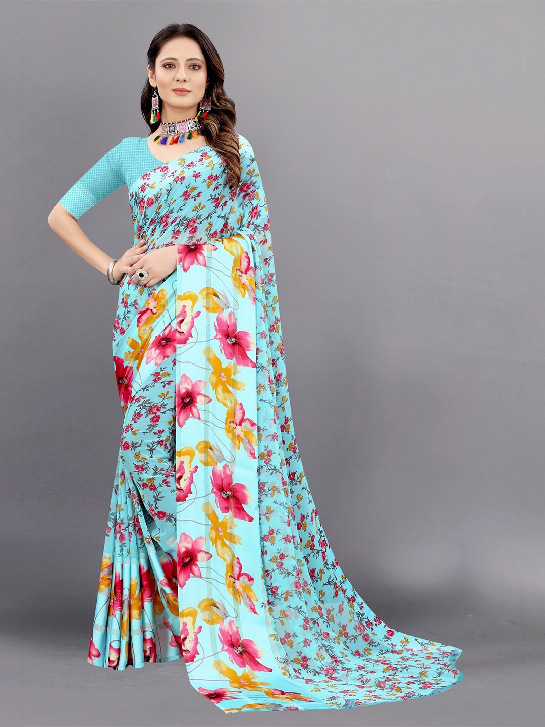 

APNISHA Blue & Orange Floral Pure Georgette Saree