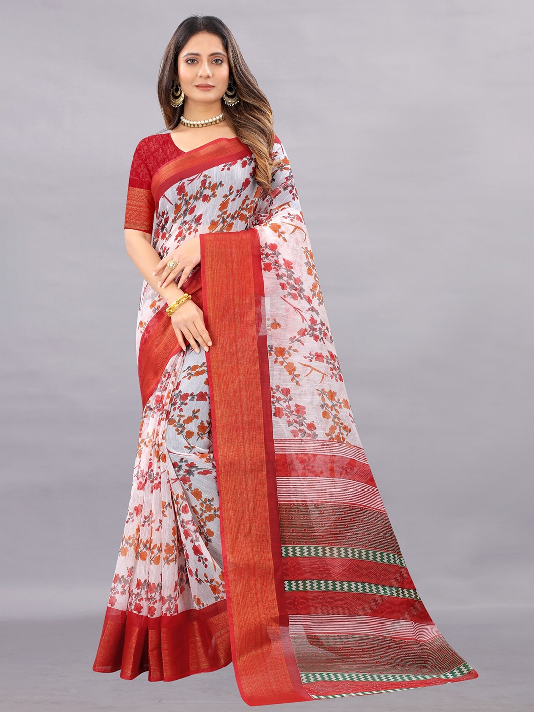 

APNISHA Red & Orange Floral Zari Pure Cotton Saree