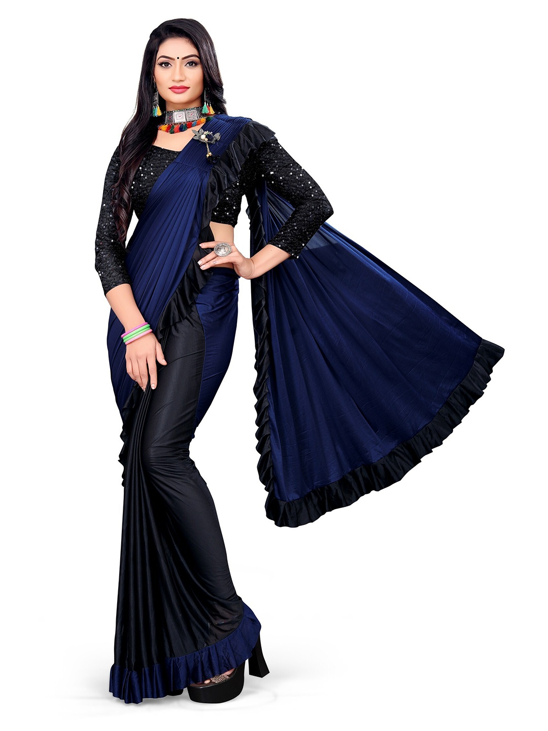 

APNISHA Navy Blue & Black Sequinned Saree