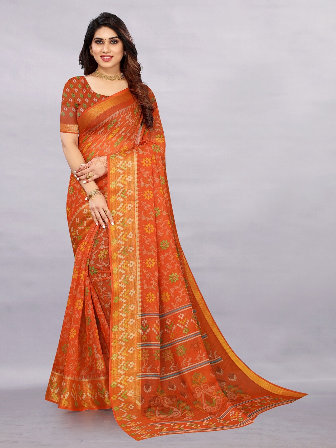 

APNISHA Orange & Green Floral Pure Cotton Saree