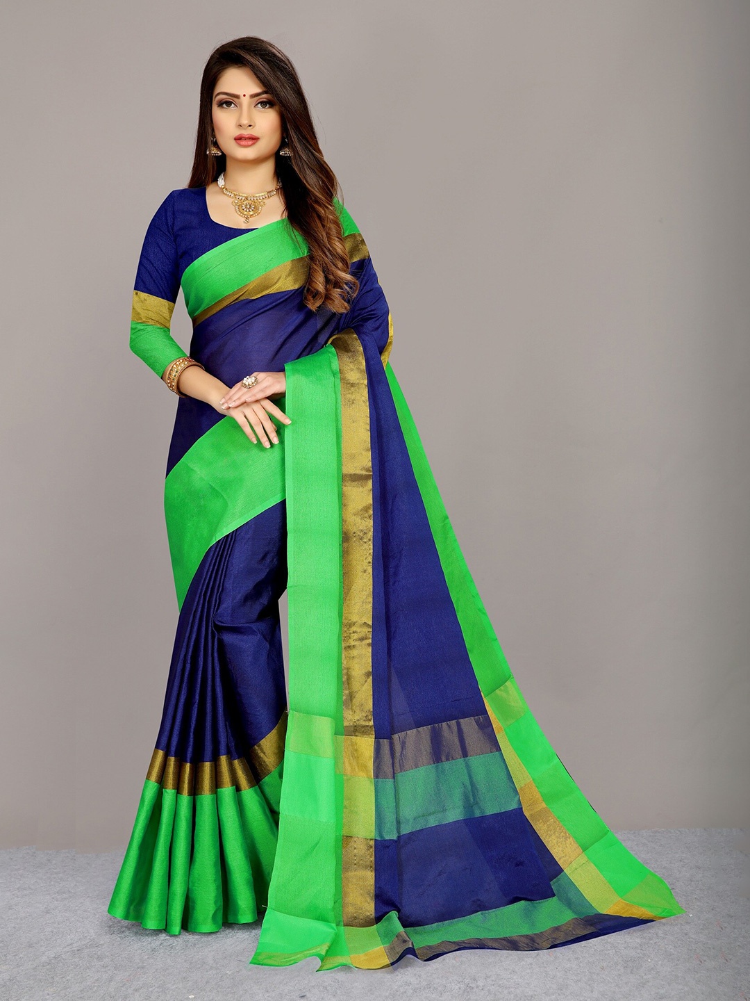 

APNISHA Navy Blue & Green Pure Cotton Saree