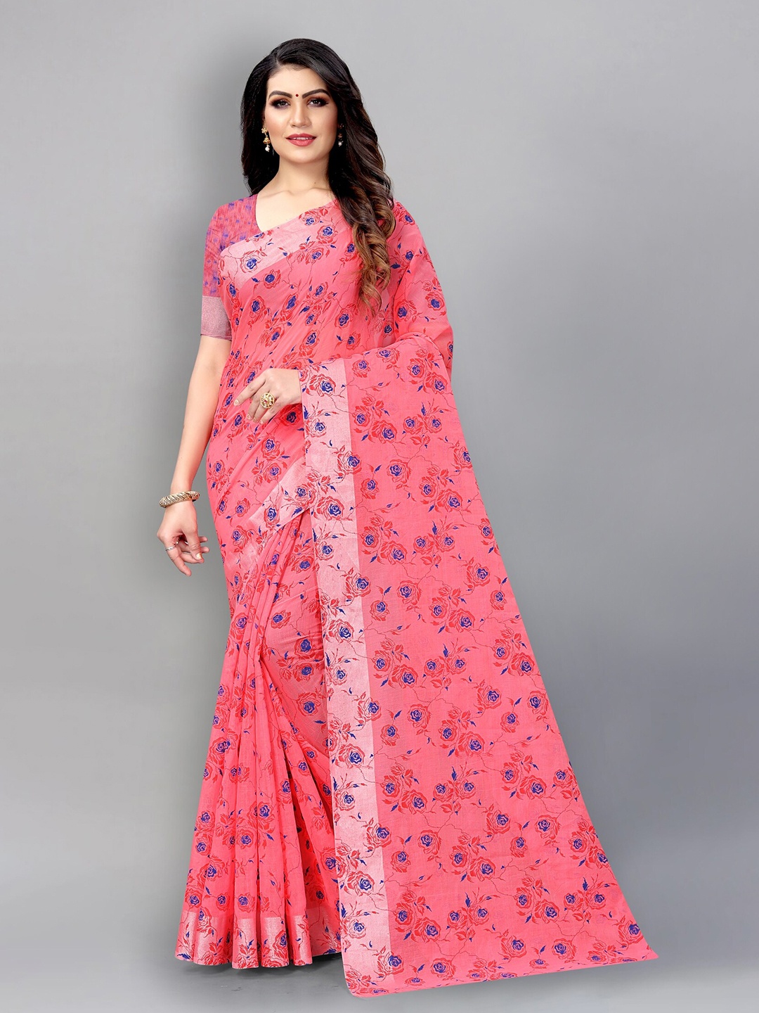 

APNISHA Peach-Coloured & Blue Floral Zari Pure Cotton Saree