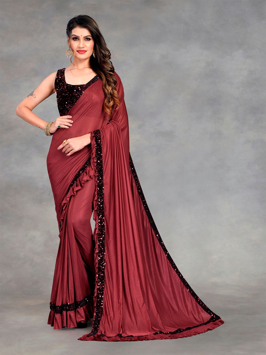 

APNISHA Maroon & Black Sequinned Saree