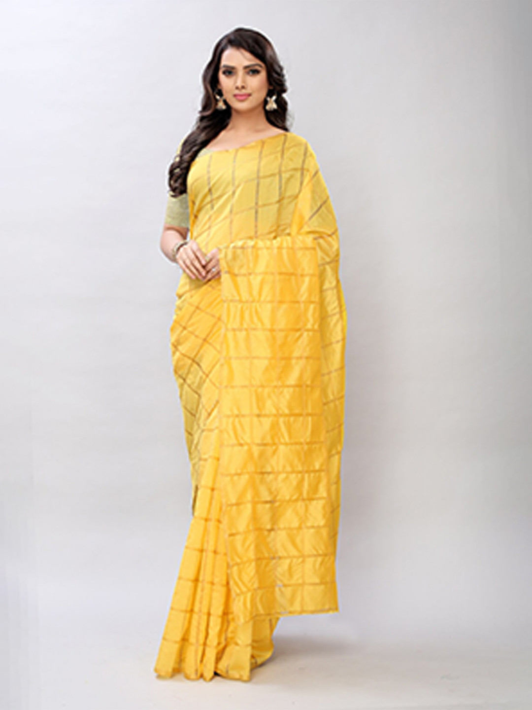 

APNISHA Yellow & Gold-Toned Checked Pure Silk Saree
