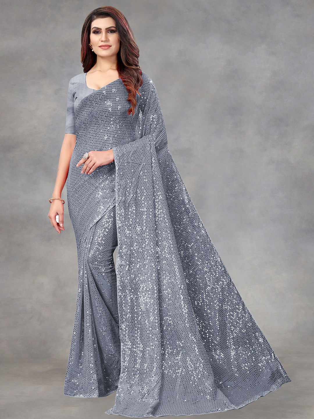 

APNISHA Grey Embellished Sequinned Pure Georgette Saree