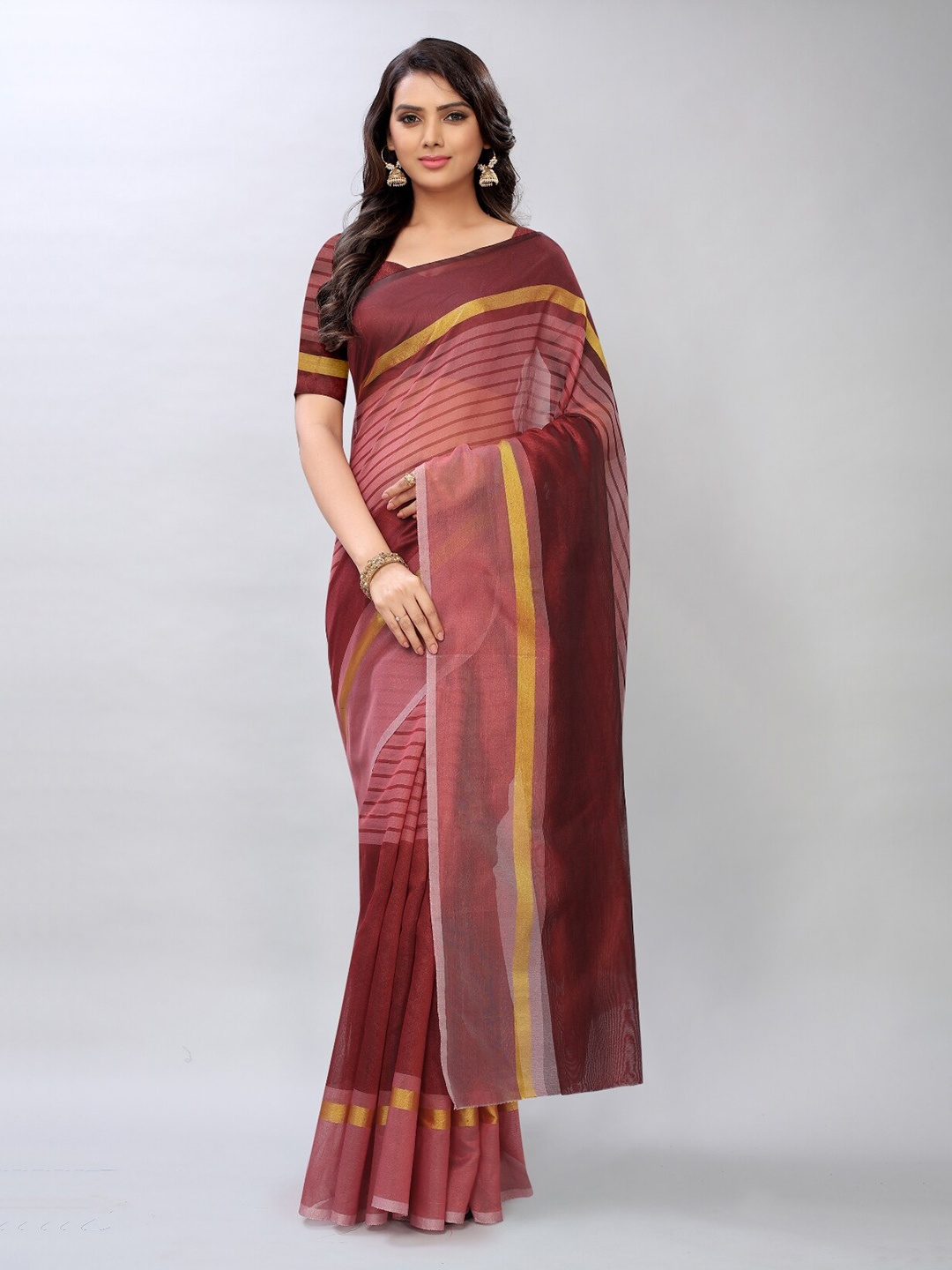 

APNISHA Maroon & Gold-Toned Striped Zari Pure Cotton Saree