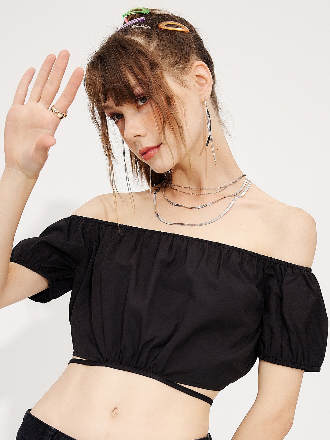 

URBANIC Black Off-Shoulder Bardot Crop Top