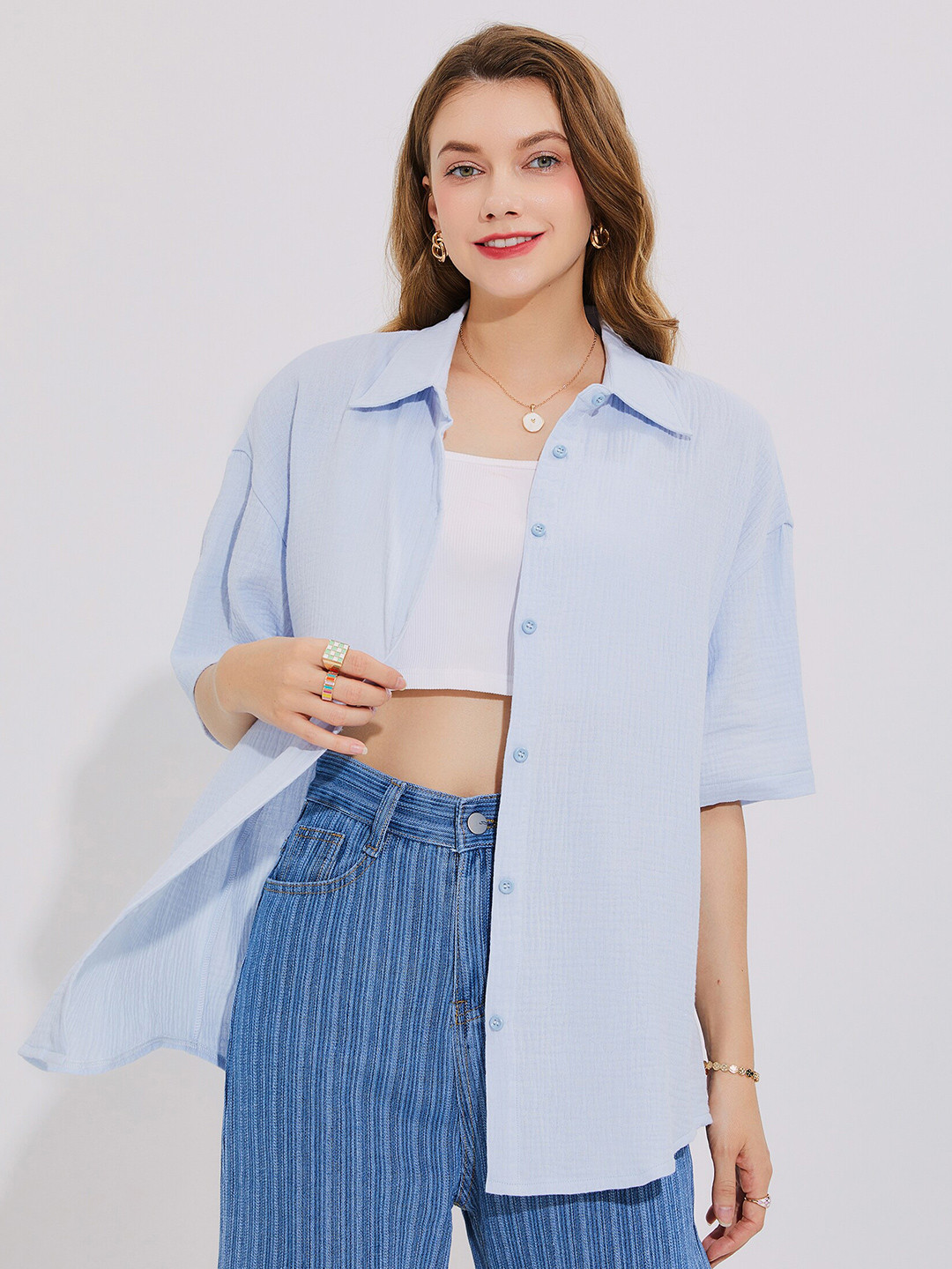 

URBANIC Blue Striped Shirt Style Top