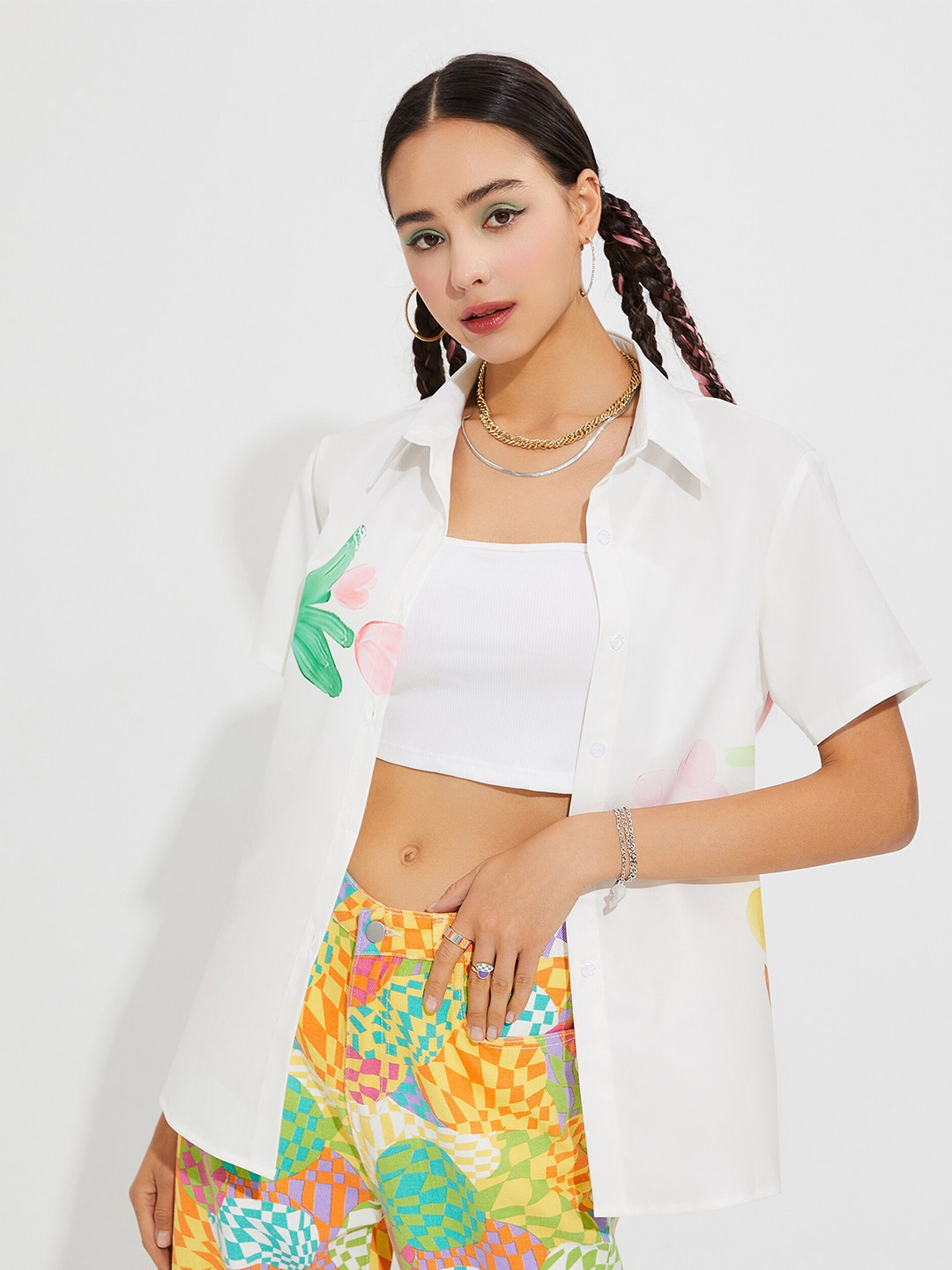 

URBANIC White & bright gray Floral Print Shirt Style Top