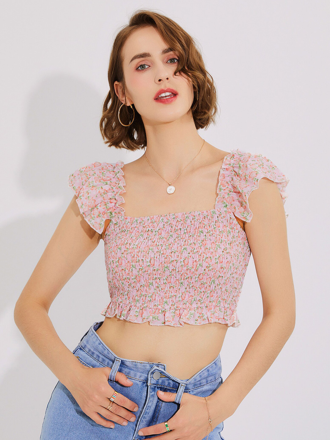 

URBANIC Pink Floral Printed Crop Top