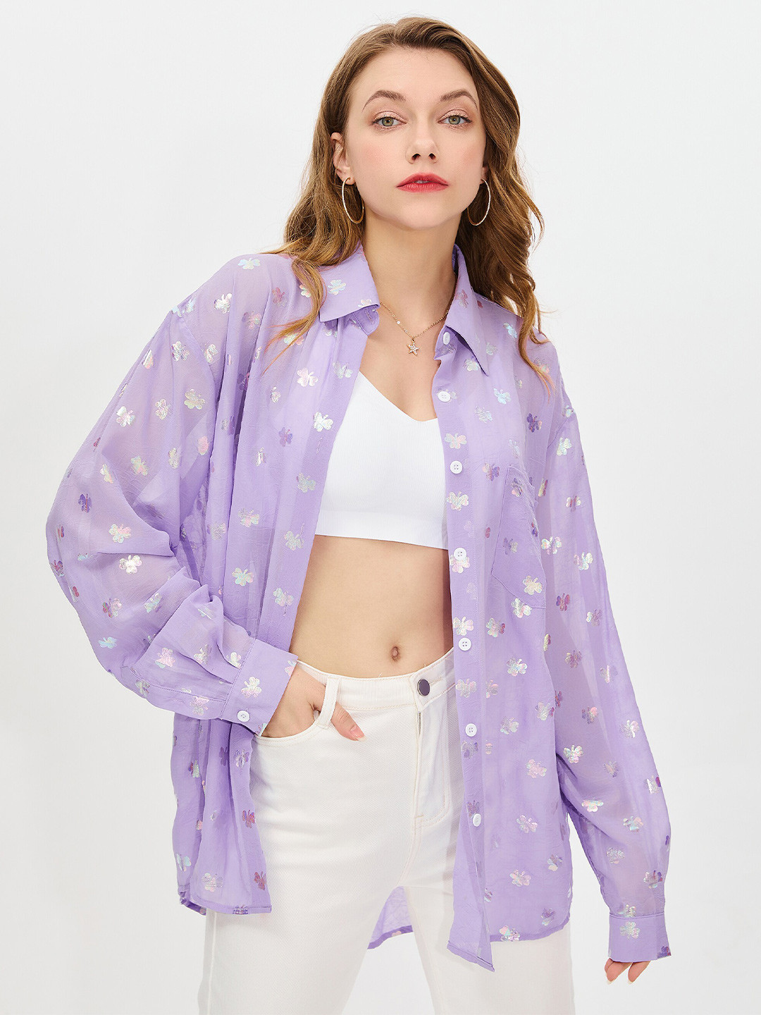 

URBANIC Purple Floral Print Shirt Style Top