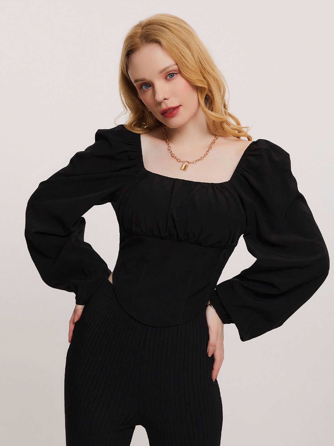 

URBANIC Black Solid Gathered or Pleated Style Back Top