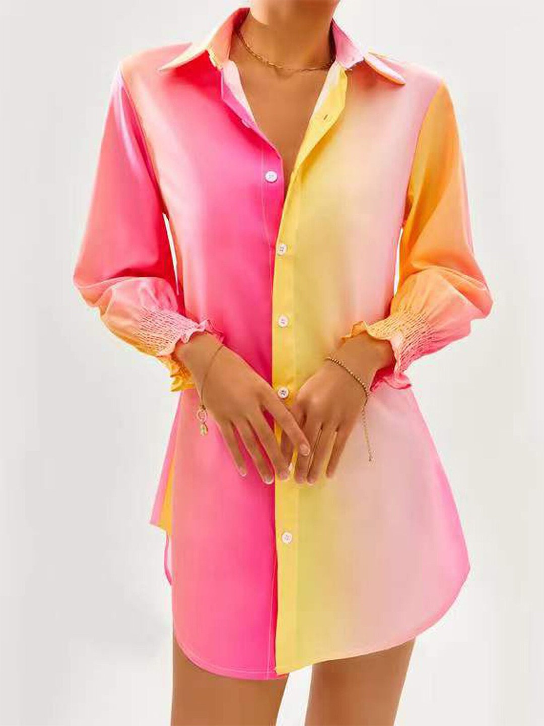 

URBANIC Multicoloured Tie and Dye Shirt Style Longline Top, Multi
