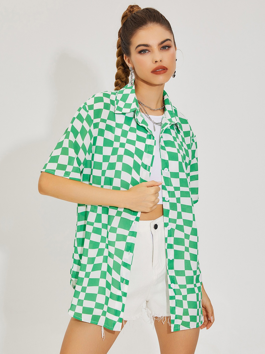 

URBANIC Green Geometric Print Styled Back Top