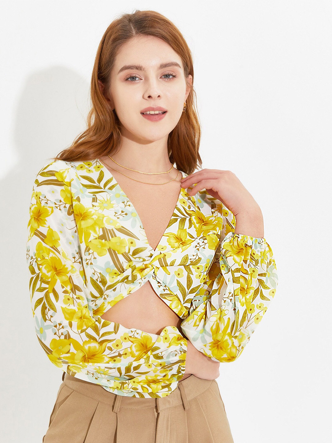 

URBANIC Yellow Floral Print Blouson Crop Top